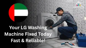 Technician repairing LG washing machine in Abu Dhabi home