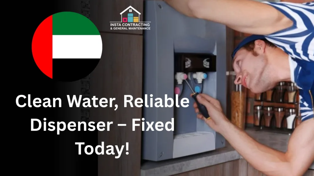 Technician repairing Panasonic water dispenser in Oryx Gardens Compound, Abu Dhabi