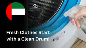 Technician cleaning washing machine drum in Abu Dhabi home